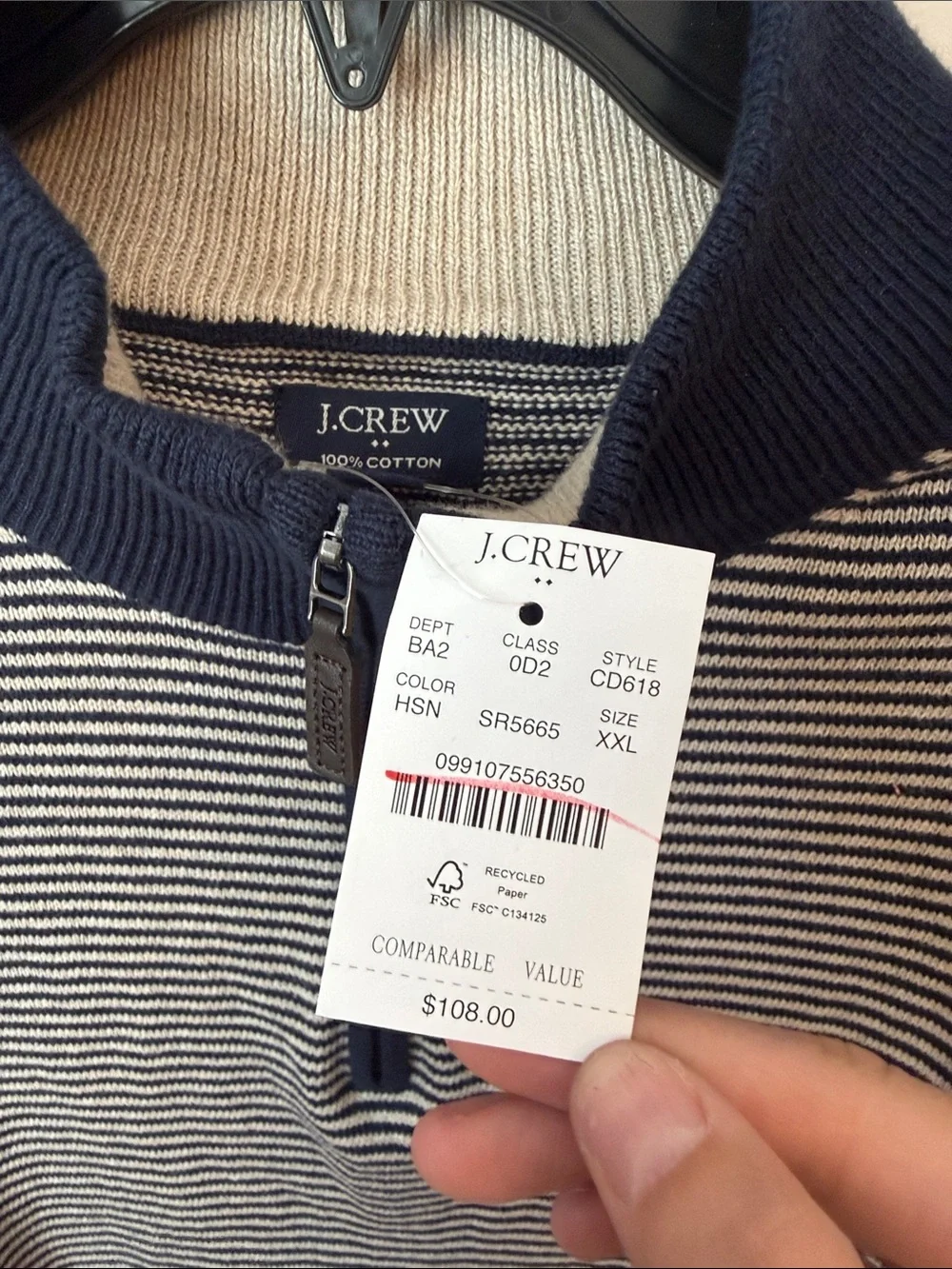 NWT J.Crew Men’s Cotton striped half-zip sweater XXL Heather Stone Navy